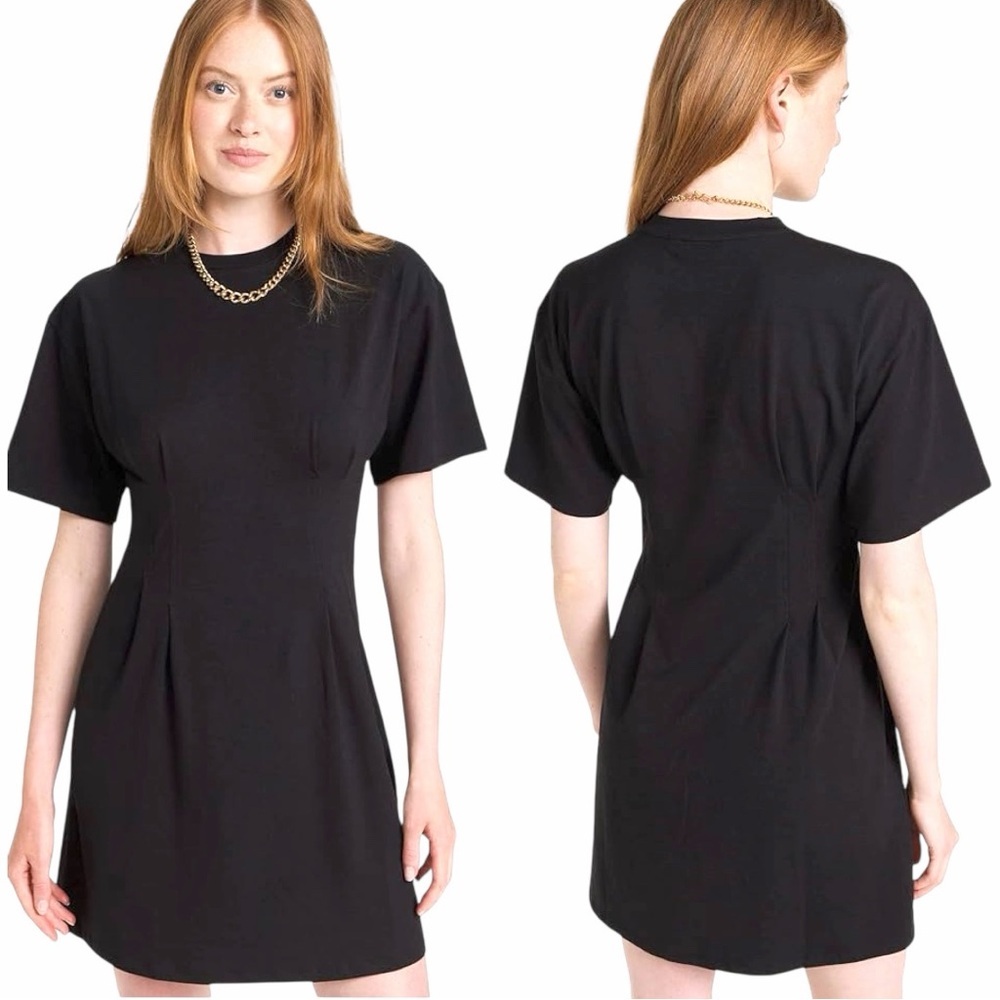 Theory Corset Short Sleeve Crew Neck Pintucked Cinched Waist T Shirt Mini Dress
